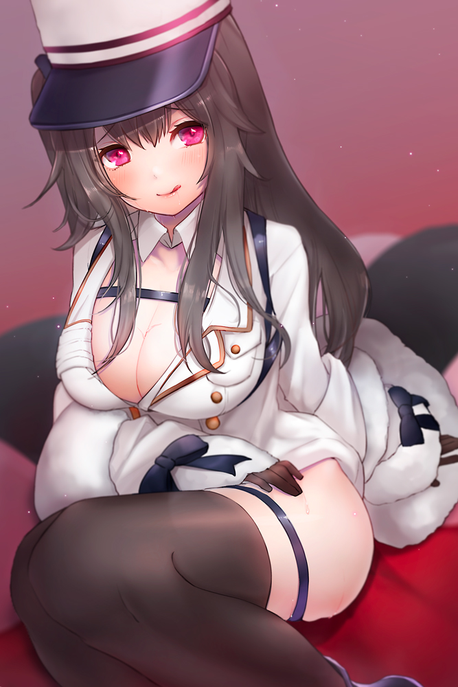 1girl ass_visible_through_thighs azur_lane bangs black_gloves black_hair black_legwear blush breasts buttons cleavage coat eyebrows_visible_through_hair fur-trimmed_coat fur_trim gloves gradient gradient_background hat kelly_0w0 large_breasts long_hair long_sleeves looking_at_viewer open_mouth padded_coat pamiat_merkuria_(azur_lane) purple_eyes red_eyes russian_clothes shirt sitting smile solo thighhighs tongue tongue_out white_coat white_headwear