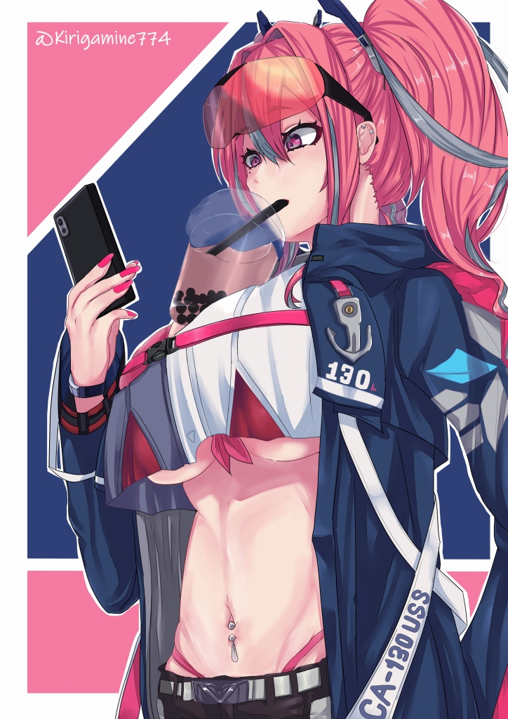 1girl azur_lane bangs belt bikini bikini_under_clothes black_shorts blue_background blue_jacket breasts bremerton_(azur_lane) bubble_tea bubble_tea_challenge cellphone commentary_request crop_top crop_top_overhang cup disposable_cup drink drinking drinking_straw drinking_straw_in_mouth ear_piercing eyebrows_visible_through_hair eyewear_on_head fingernails front-tie_bikini front-tie_top grey_belt groin hair_between_eyes hair_intakes hair_ornament highleg highleg_bikini holding holding_phone hood hood_down hooded_jacket jacket kirigamine774 large_breasts long_fingernails long_hair long_sleeves looking_at_phone midriff multicolored multicolored_background multicolored_hair nail_polish navel navel_piercing object_on_breast open_clothes open_jacket phone piercing pink_background pink_bikini pink_eyes pink_hair pink_nails red-tinted_eyewear shirt short_shorts shorts sidelocks smartphone snap-fit_buckle solo standing streaked_hair sunglasses swimsuit twintails twitter_username two-tone_shirt upper_body wristband