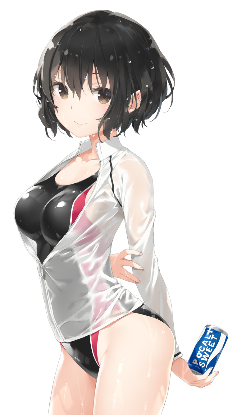 1girl bangs black_hair black_swimsuit blush brand_name_imitation breasts brown_eyes can closed_mouth collarbone commentary_request eyebrows_visible_through_hair hair_between_eyes highres holding holding_can jacket long_sleeves looking_at_viewer medium_breasts one-piece_swimsuit original peko pocari_sweat see-through short_hair simple_background smile solo swimsuit swimsuit_under_clothes wet_jacket white_background white_jacket