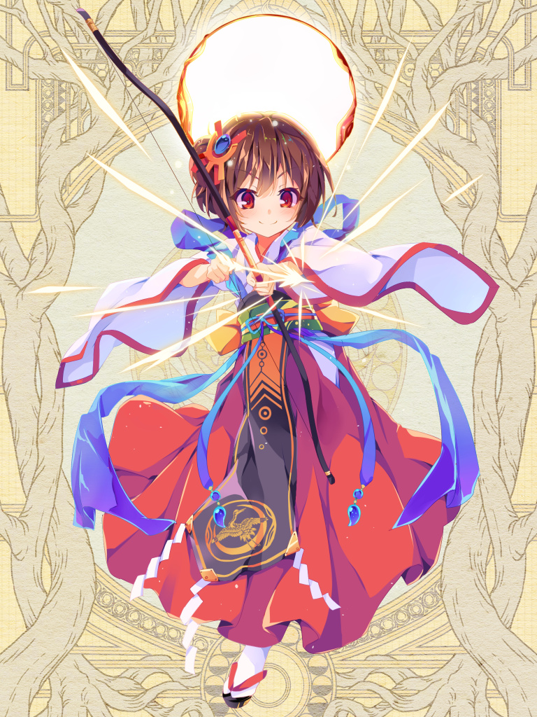 1girl arrow bangs bow_(weapon) brown_hair copyright_request dennryuurai eyebrows_visible_through_hair hair_ornament hakama japanese_clothes looking_at_viewer miko obi red_eyes red_hakama sash short_hair smile solo weapon wide_sleeves