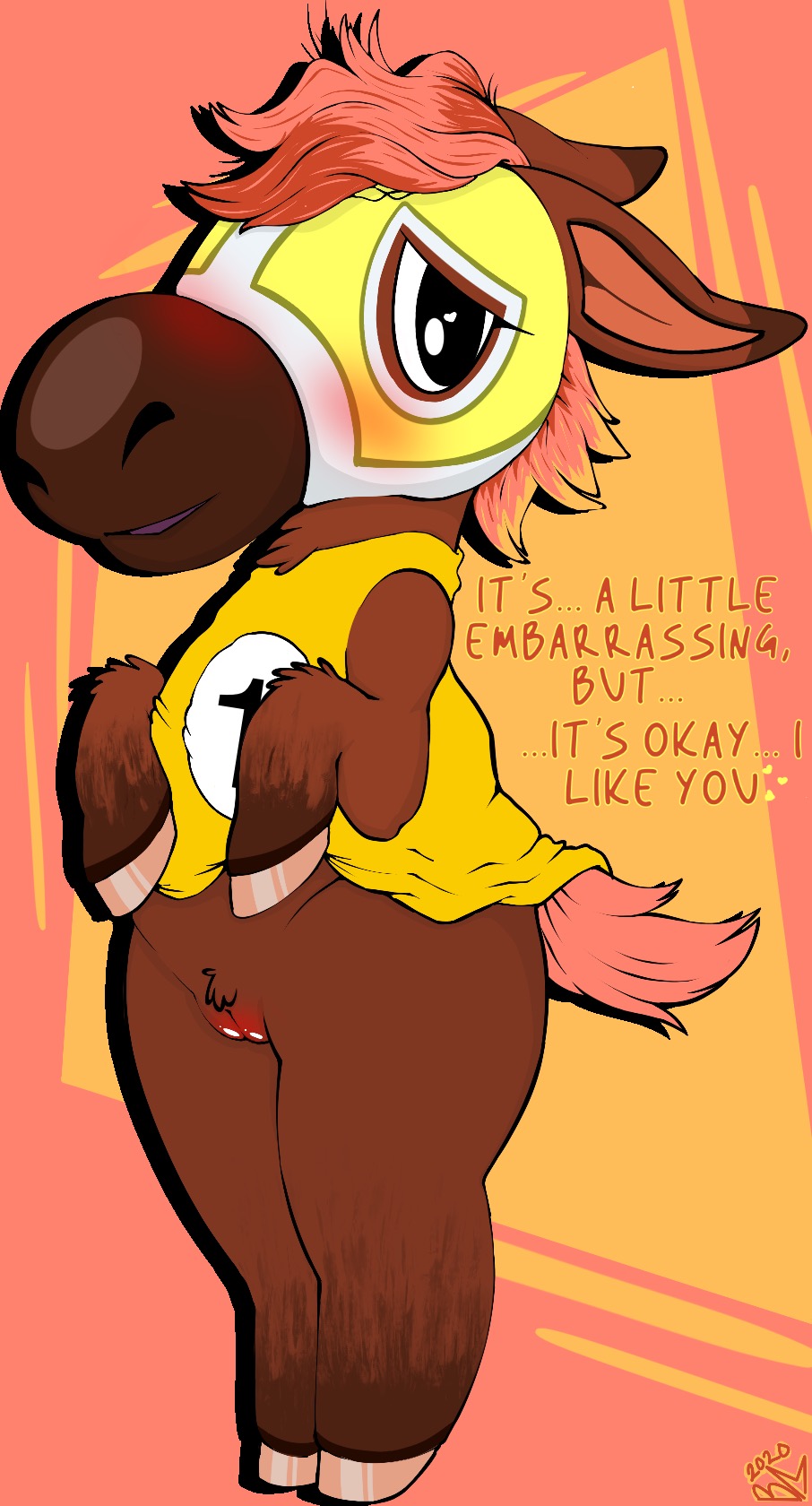 animal_crossing anthro bloodymascarade clothed clothing clothing_lift cute_porn dialogue embarrassed embarrassed_nude_exposure equid equine female genitals hi_res horse looking_at_viewer mammal nintendo pony presenting presenting_pussy pussy shirt shirt_lift solo talking_to_viewer topwear victoria_(animal_crossing) video_games