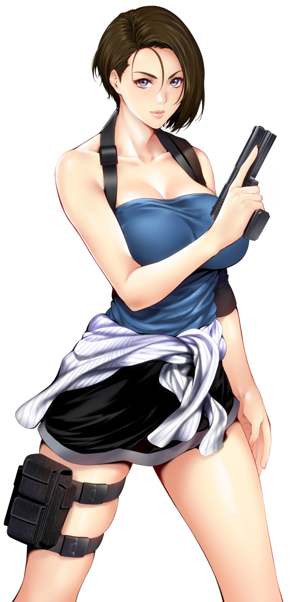 1girl bangs bare_arms bare_shoulders black_skirt blue_eyes blue_tubetop breasts brown_hair cleavage clothes_around_waist collarbone commentary_request gun handgun highres holding holding_gun holding_weapon holster jill_valentine large_breasts lips looking_at_viewer miniskirt parted_bangs resident_evil resident_evil_3 shiny shiny_skin short_hair simple_background skirt strapless sweater_around_waist thigh_holster trigger_discipline tubetop weapon white_background zucchini