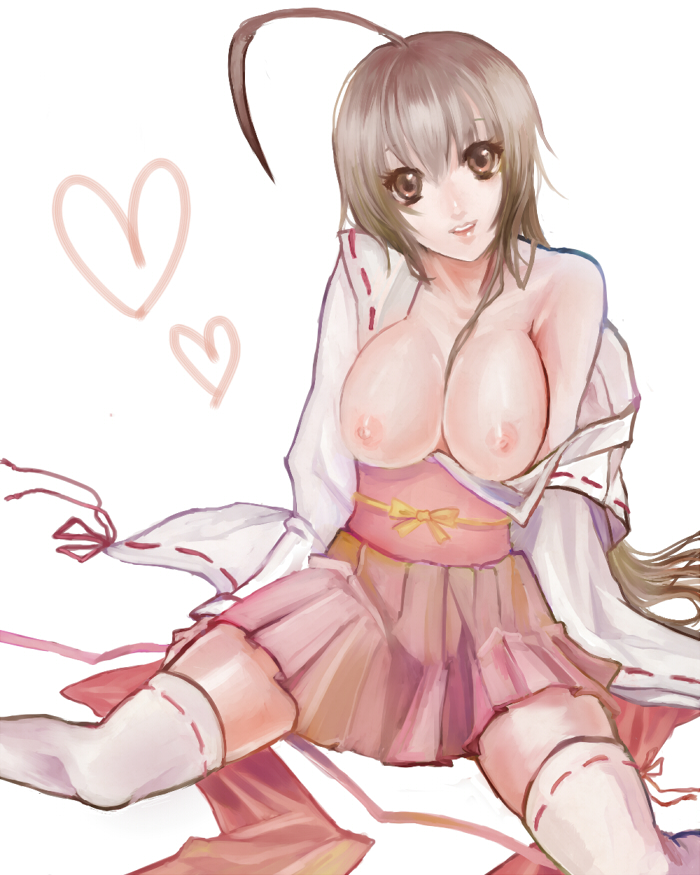 ahoge bad_id bad_pixiv_id banned_artist breasts brown_eyes brown_hair japanese_clothes large_breasts musubi open_clothes open_shirt sekirei shiori_(artist) shirt short_hair sitting skirt smile solo thighhighs