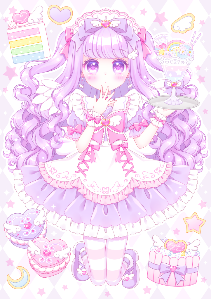 1girl :o apron argyle argyle_background bangs blush bow cake commentary_request crescent dress eyebrows_visible_through_hair food frilled_dress frilled_sailor_collar frills full_body hair_bow hand_to_own_mouth hand_up heart himetsuki_luna holding holding_tray kneeling long_hair looking_at_viewer original pantyhose parfait parted_lips pink_bow pleated_dress puffy_short_sleeves puffy_sleeves purple_bow purple_dress purple_eyes purple_footwear purple_hair rainbow sailor_collar sailor_dress shoes short_sleeves slice_of_cake solo striped striped_legwear tray two_side_up very_long_hair waist_apron white_apron white_sailor_collar wrist_cuffs