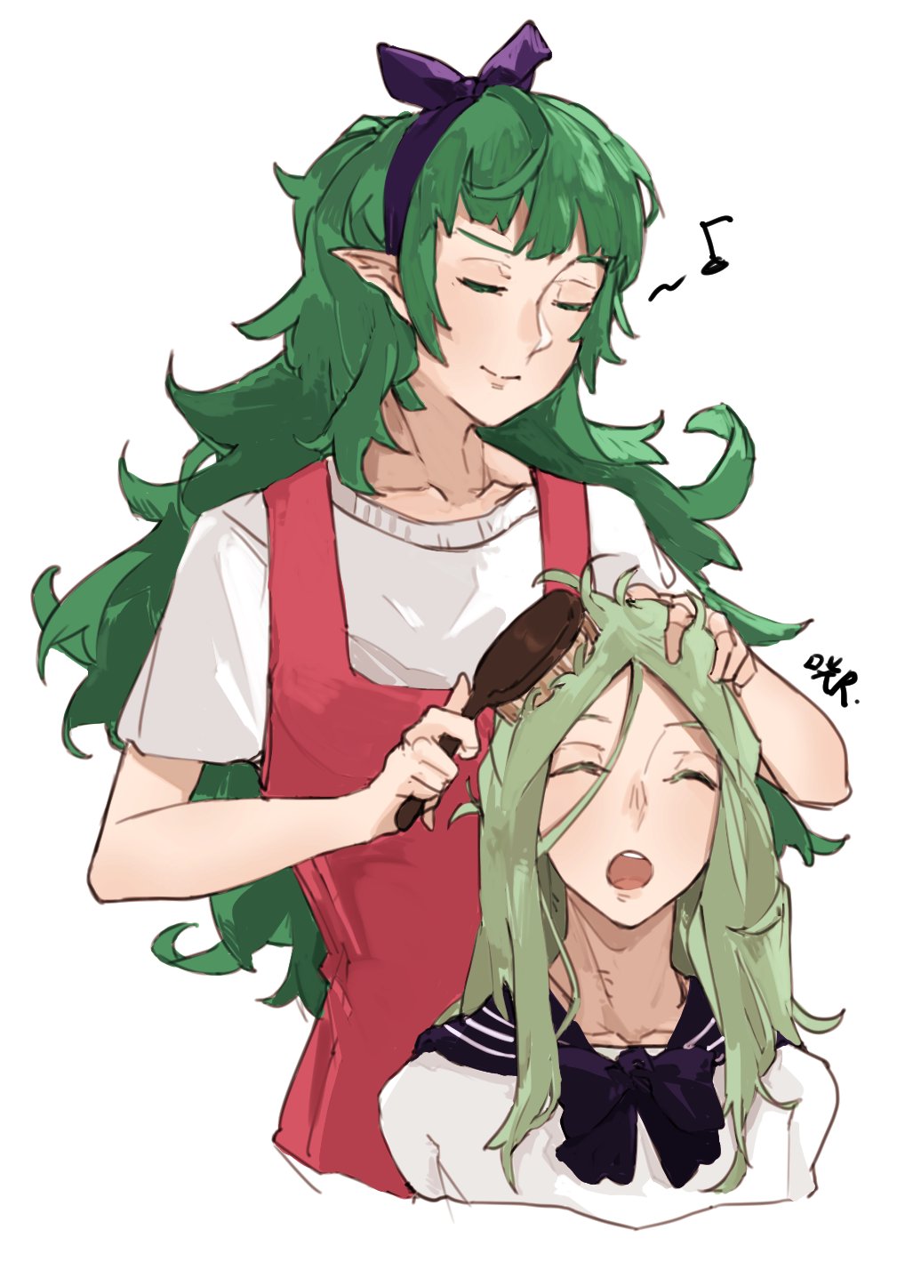2girls alternate_costume brushing_another's_hair closed_eyes closed_mouth fire_emblem fire_emblem:_three_houses green_hair hair_brush highres long_hair mother_and_daughter multiple_girls open_mouth pointy_ears rhea_(fire_emblem) sakuuremi short_sleeves simple_background sothis_(fire_emblem) spoilers upper_body white_background