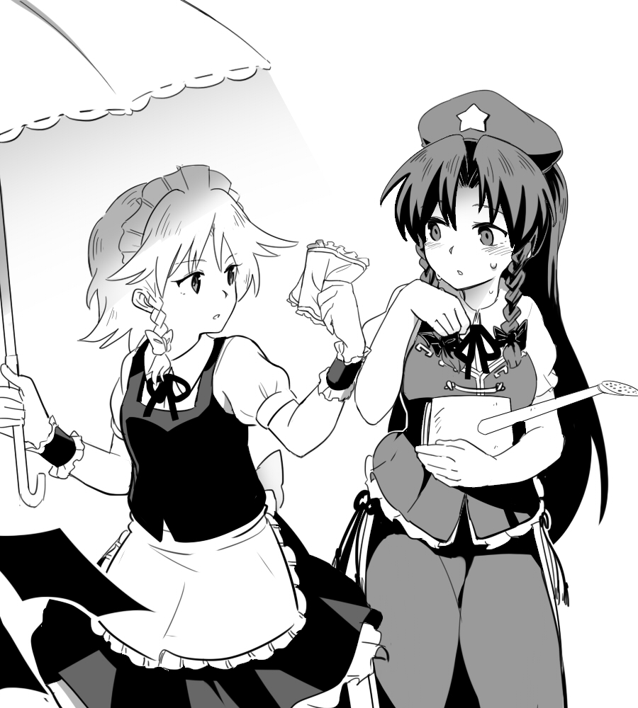 2girls apron bat_wings beret blush bow braid cowboy_shot frills greyscale hair_bow handkerchief hat holding holding_umbrella hong_meiling izayoi_sakuya long_hair looking_at_another maid_headdress monochrome multiple_girls neck_ribbon parasol ribbon shikushiku_(amamori_weekly) shirt short_hair short_sleeves skirt star touhou twin_braids umbrella vest waist_apron watering_can white_background wings wiping_sweat wrist_cuffs