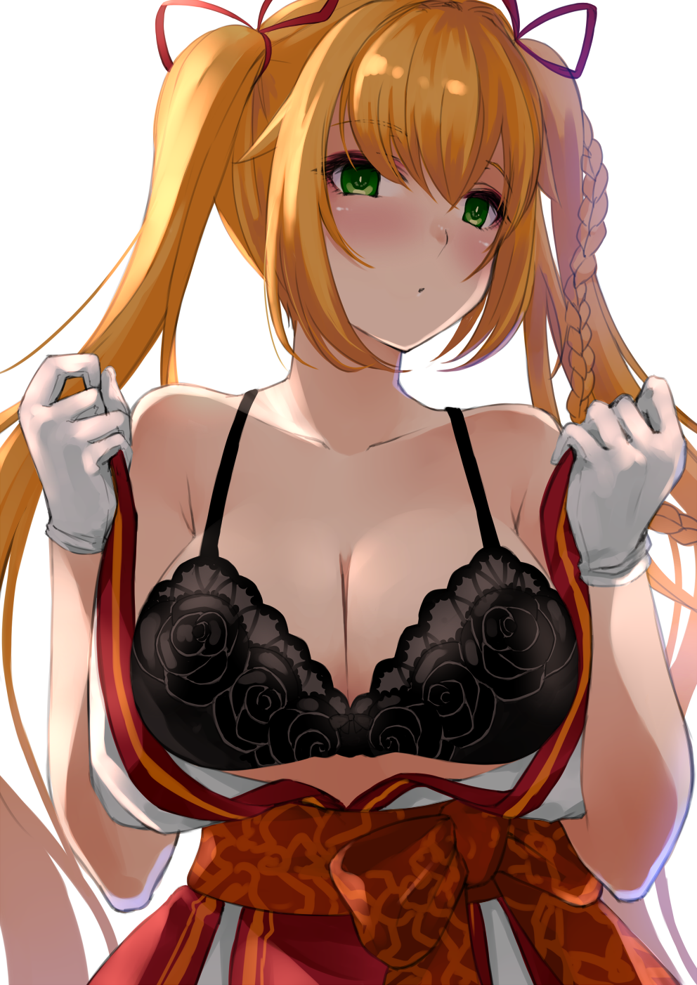 .live 1girl bangs bare_shoulders black_bra blonde_hair blush bra braid breasts cleavage closed_mouth collarbone eyebrows_visible_through_hair gloves green_eyes hair_ribbon highres japanese_clothes kimono kongou_iroha large_breasts long_hair off_shoulder open_clothes open_kimono red_ribbon ribbon sidelocks solo twintails underwear undressing upper_body virtual_youtuber wee white_gloves white_kimono