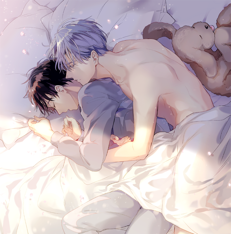 2boys black_hair closed_eyes dog hug hug_from_behind katsuki_yuuri kuroemon lying makkachin male_focus multiple_boys on_side petals pillow shirtless silver_hair sleeping under_covers viktor_nikiforov yaoi yuri!!!_on_ice