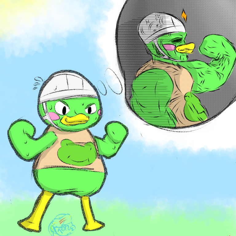 1:1 2020 anatid angry animal_crossing anseriform avian bird blueblu buff_scoot duck imagining male muscular nintendo scoot_(animal_crossing) simple_background solo video_games