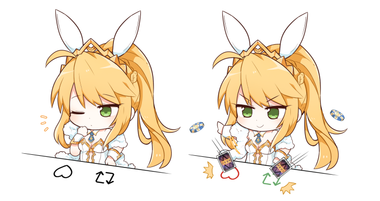 1girl ahoge animal_ears artoria_pendragon_(all) artoria_pendragon_(lancer) artoria_pendragon_(swimsuit_ruler)_(fate) bangs blonde_hair blue_neckwear bongo_cat braid breasts bunny_ears bunny_girl bunnysuit card closed_mouth commission crown detached_collar english_commentary fate/grand_order fate_(series) feather_boa french_braid green_eyes high_ponytail large_breasts leotard long_hair one_eye_closed playing_card poker_chip rabi_(swordofthestone) smile twitter white_leotard wrist_cuffs