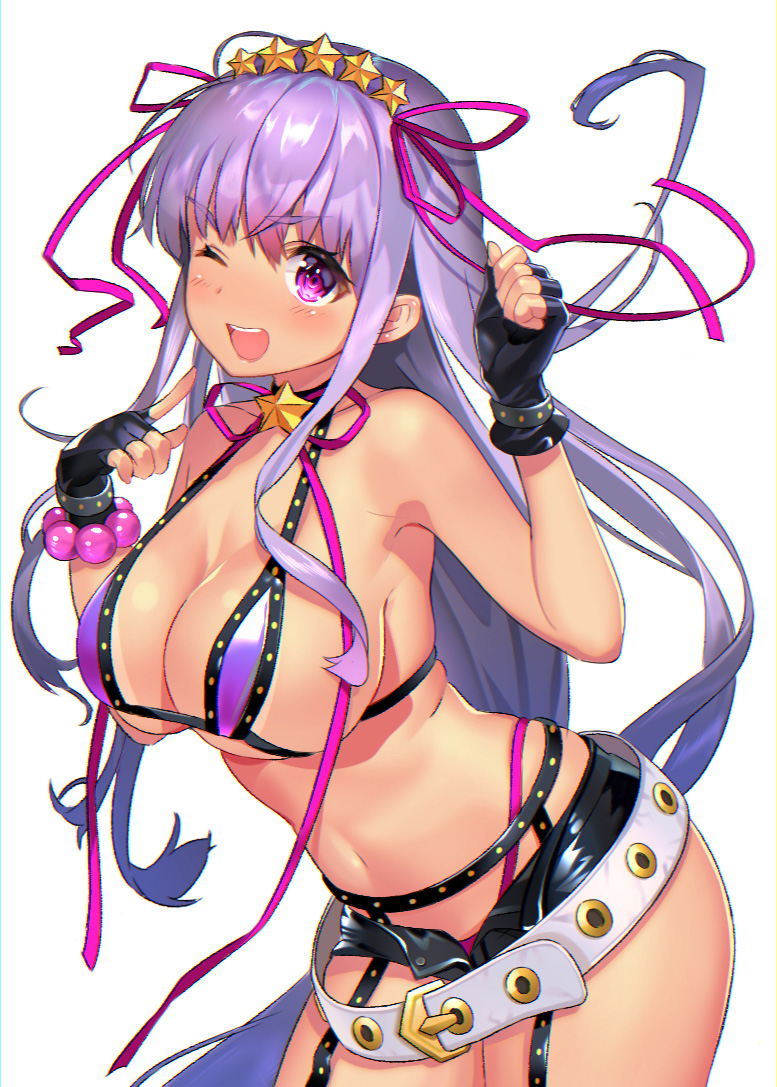 1girl ;d armpits bangs bare_arms bare_shoulders bb_(fate)_(all) bb_(swimsuit_mooncancer)_(fate) bead_bracelet beads belt belt_buckle beltskirt bikini black_choker black_gloves black_shorts blush bracelet breasts buckle choker cleavage collarbone commentary_request cowboy_shot eyebrows_visible_through_hair fate/grand_order fate_(series) fingerless_gloves floating_hair garter_straps gloves gyaru hair_between_eyes hair_ribbon halter_top halterneck hands_up index_finger_raised jewelry large_breasts leaning_forward long_hair looking_at_viewer micro_shorts navel nayuta_(una) one_eye_closed open_fly open_mouth pink_bikini_bottom pink_eyes pink_ribbon purple_bikini purple_hair ribbon shiny shiny_hair shorts sidelocks simple_background smile solo standing star star_choker stomach string_bikini swimsuit tan tanline upper_teeth very_long_hair white_background white_belt