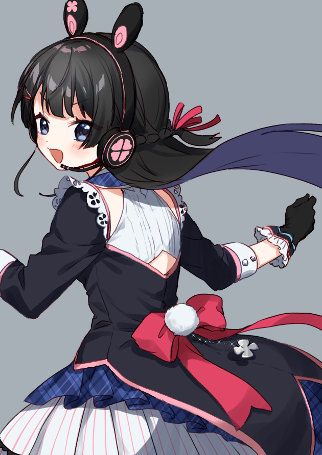 1girl :d animal_ears bangs black_gloves black_hair black_shirt blue_eyes blush bow braid bunny_ear_headphones bunny_ears clover commentary_request eyebrows_visible_through_hair fake_animal_ears floating_hair four-leaf_clover frilled_gloves frills gloves grey_background hair_ornament hair_ribbon hairclip headphones headset long_hair long_sleeves looking_at_viewer looking_back nijisanji open_mouth pleated_skirt ponytail red_bow red_ribbon ribbon shirt simple_background skirt smile solo striped tsukino_mito v-shaped_eyebrows vertical-striped_skirt vertical_stripes very_long_hair virtual_youtuber white_skirt yamabukiiro