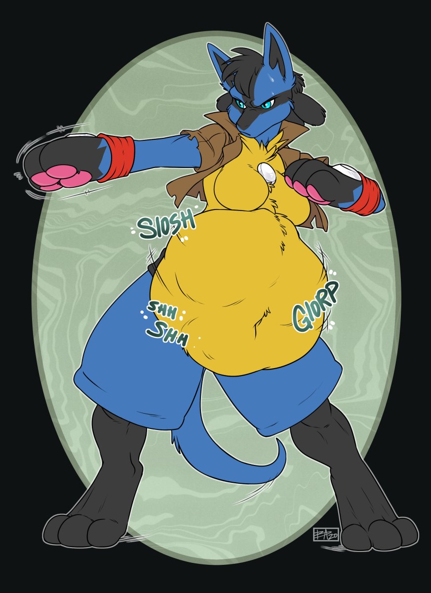 abstract_background after_vore anthro belly big_belly breasts digestion featureless_breasts female hi_res hildegard lucario navel nintendo paws pok&eacute;mon pok&eacute;mon_(species) punching rumbling_stomach solo_focus touchofsnow video_games vore