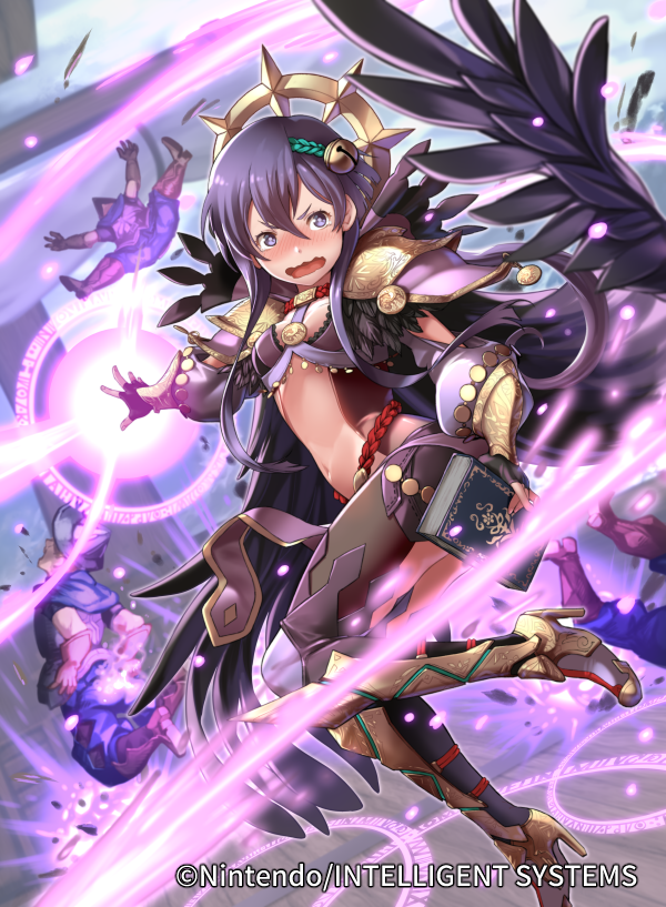 1girl armor black_gloves black_wings blush book company_name copyright_name feathered_wings fingerless_gloves fire_emblem fire_emblem_cipher gloves high_heels holding holding_book i-la official_art open_mouth purple_eyes purple_hair solo_focus wings yuzu_(fire_emblem)