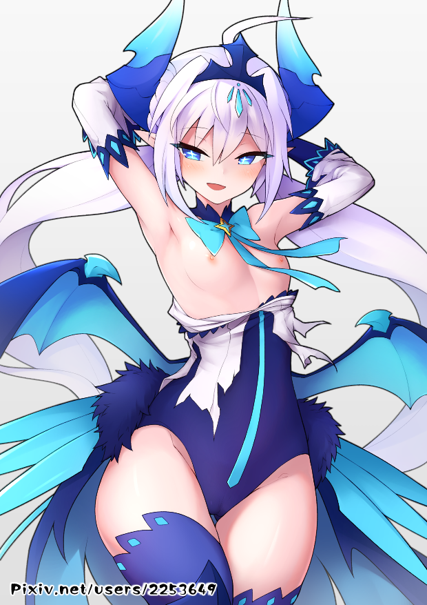 1girl :d armpits blue_eyes blue_horns blue_legwear blue_wings blush breasts cameltoe commentary_request detached_sleeves elsword horns leotard long_hair looking_at_viewer luciela_r._sourcream nipples noblesse_(elsword) open_mouth patreon_username pointy_ears revision simple_background small_breasts smile solo standing star star-shaped_pupils strapless strapless_leotard symbol-shaped_pupils thighhighs waero white_background white_hair wings