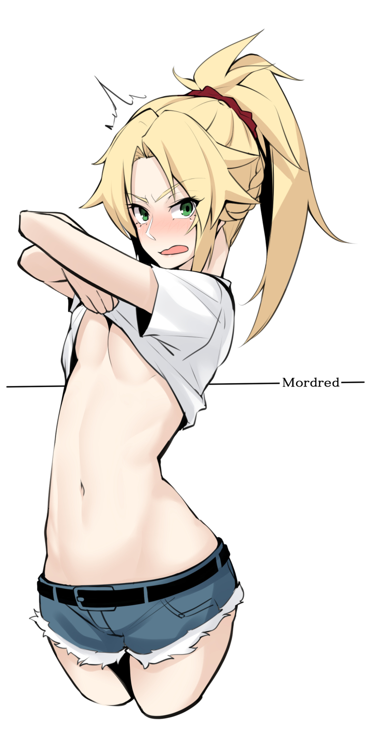 1girl alternate_costume bangs blonde_hair blush braid breasts character_name commentary_request denim denim_shorts eyebrows_visible_through_hair fate/grand_order fate_(series) green_eyes hair_ornament hair_scrunchie highres long_hair looking_at_viewer mordred_(fate) mordred_(fate)_(all) navel open_mouth parted_bangs ponytail red_scrunchie scrunchie shirt shorts simple_background small_breasts smile solo takatun223 white_background white_shirt