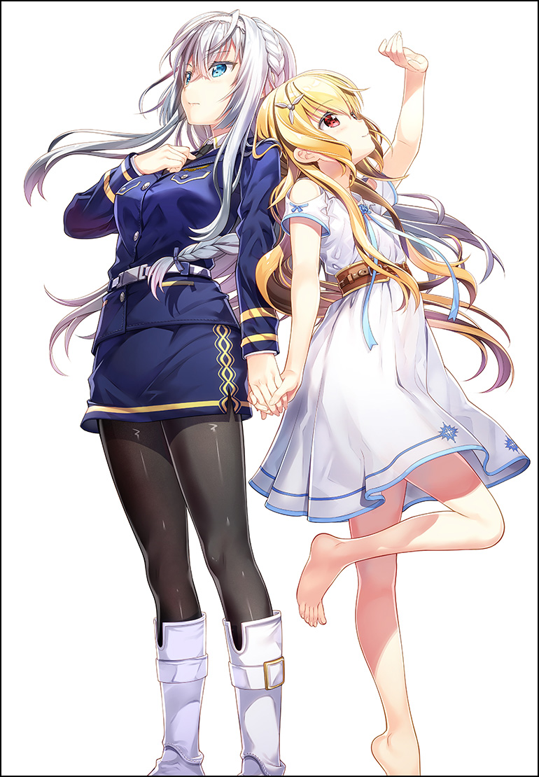 2girls barefoot belt black_legwear black_neckwear blonde_hair blue_eyes blue_jacket blue_skirt boots commentary_request cover cover_page dress feet_out_of_frame formal fujima_takuya hair_braid hair_ornament hairband jacket looking_up military military_uniform multiple_girls necktie official_art pantyhose propeller_hair_ornament red_eyes silver_hair simple_background skirt skirt_suit suit uniform warlords_of_sigrdrifa white_background white_dress white_footwear white_hairband