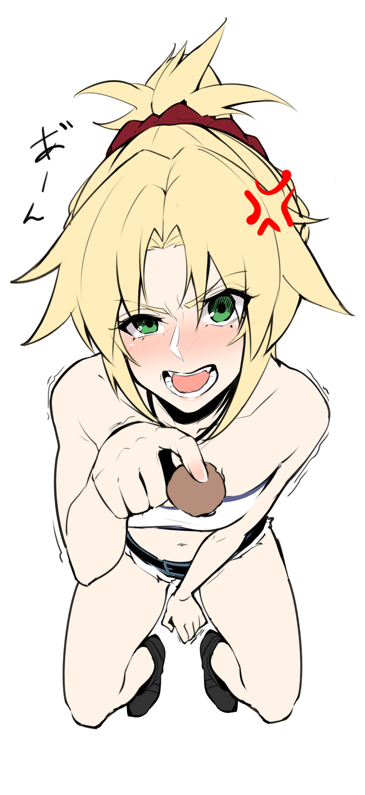 1girl anger_vein angry bangs bare_shoulders black_footwear blonde_hair blush braid breasts collarbone commentary_request denim denim_shorts eyebrows_visible_through_hair fangs fate/grand_order fate_(series) from_above green_eyes hair_ornament hair_scrunchie highres holding long_hair looking_at_viewer mordred_(fate) mordred_(fate)_(all) navel ponytail red_scrunchie scrunchie shorts simple_background small_breasts solo takatun223 teeth translation_request trembling white_background