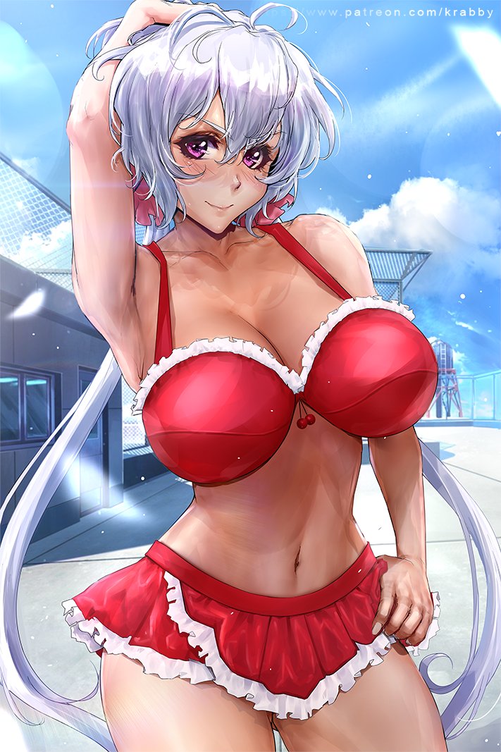 1girl ahoge bikini blush breasts frilled_bikini frills krabby_(artist) large_breasts lavender_hair long_hair looking_at_viewer low_twintails navel outdoors purple_eyes red_bikini scrunchie senki_zesshou_symphogear shiny shiny_hair smile solo standing swimsuit twintails yukine_chris