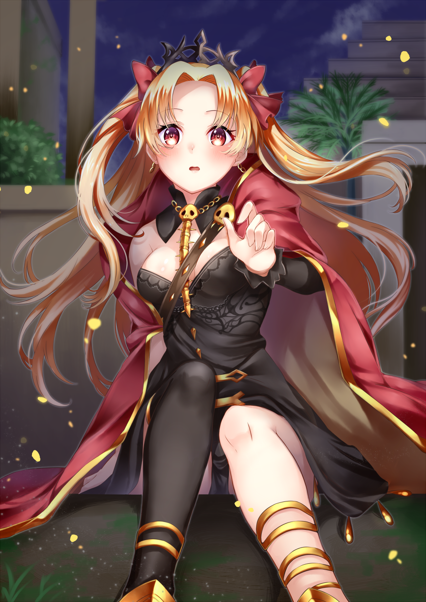 1girl arm_at_side bangs between_breasts black_dress black_legwear black_panties blonde_hair blush breasts building cape cleavage detached_sleeves dress ereshkigal_(fate/grand_order) eyebrows_visible_through_hair fate/grand_order fate_(series) highres long_hair long_sleeves looking_at_viewer mashiro_aa night night_sky open_mouth outdoors palm_tree panties pantyshot pantyshot_(sitting) parted_bangs petals reaching_out red_cape red_eyes revision single_bare_shoulder single_detached_sleeve single_thighhigh sitting skull sky small_breasts solo spine tareme thighhighs tiara tree two_side_up underwear very_long_hair