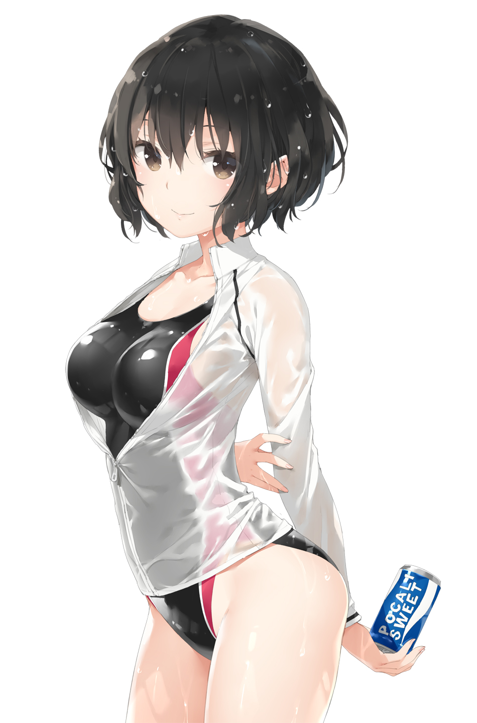 1girl bangs black_hair black_swimsuit blush brand_name_imitation breasts brown_eyes can closed_mouth collarbone commentary_request eyebrows_visible_through_hair hair_between_eyes highres holding holding_can jacket long_sleeves looking_at_viewer medium_breasts one-piece_swimsuit original peko pocari_sweat see-through short_hair simple_background smile solo swimsuit swimsuit_under_clothes wet_jacket white_background white_jacket