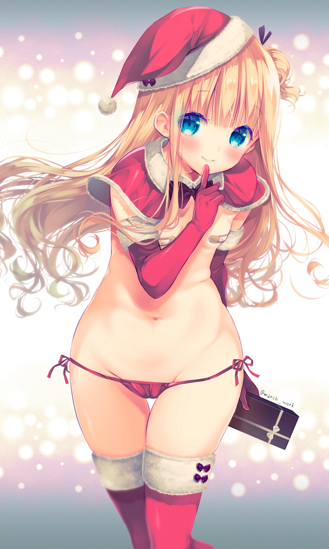 1girl bandaid bandaids_on_nipples black_bow blonde_hair blue_eyes bow bowtie capelet elbow_gloves finger_to_mouth fur_trim gift gloves groin hat highres hiiragi_mayuki hinako_note holding holding_gift long_hair looking_at_viewer lowleg lowleg_panties march-bunny merry_christmas navel no_bra official_art one_side_up panties pasties red_gloves red_legwear santa_costume santa_hat side-tie_panties solo thighhighs underwear