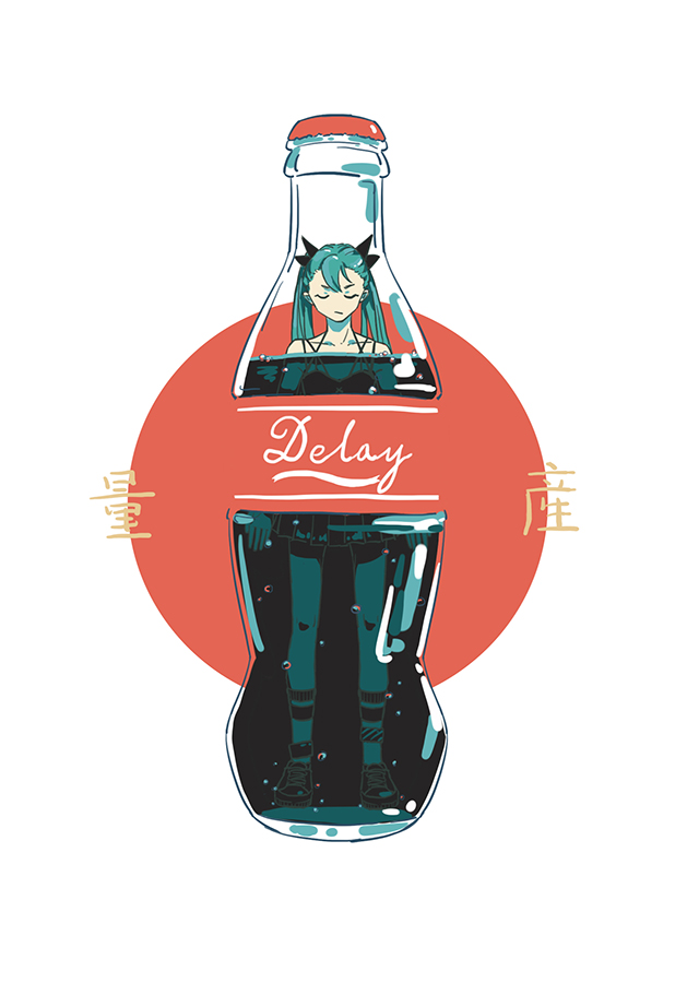 1girl black_bow blue_hair bottle bow brand_name_imitation closed_eyes coca-cola facing_viewer hair_bow hatsune_miku in_bottle in_container minigirl nekohara_peninsula solo twintails vocaloid