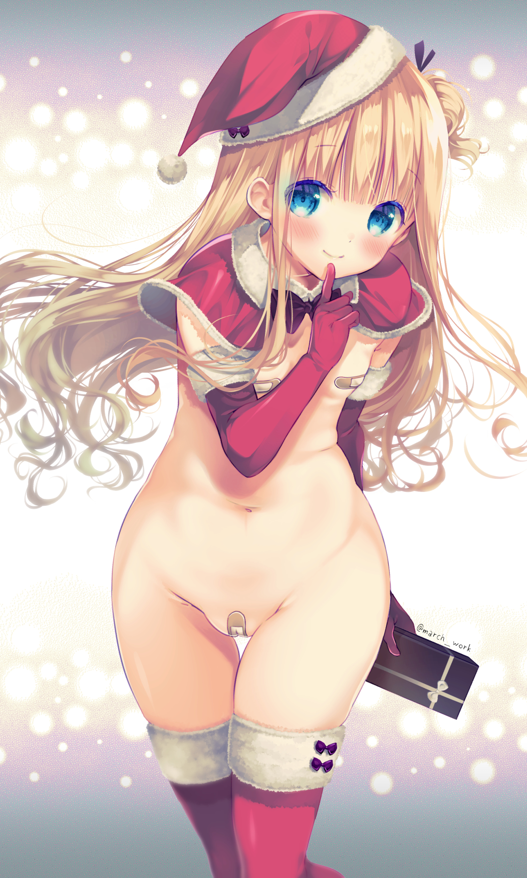 1girl bandaid bandaid_on_pussy bandaids_on_nipples black_bow blonde_hair blue_eyes bow bowtie capelet elbow_gloves finger_to_mouth fur_trim gift gloves groin hat highres hiiragi_mayuki hinako_note holding holding_gift long_hair looking_at_viewer maebari march-bunny merry_christmas navel no_bra no_panties official_art one_side_up pasties red_gloves red_legwear santa_costume santa_hat solo thighhighs