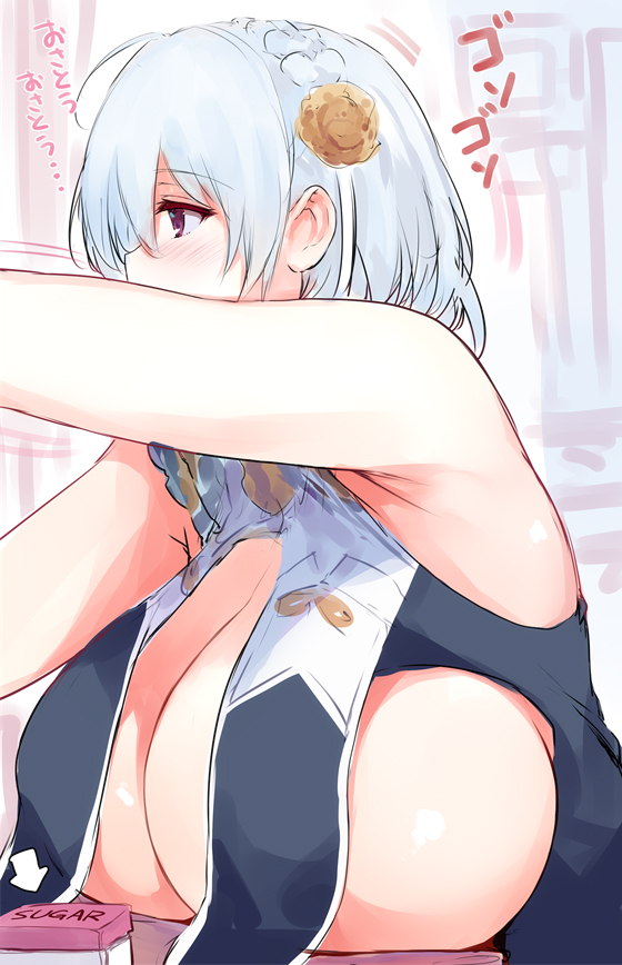 1girl azur_lane bangs bare_shoulders blush braid breast_curtains breasts china_dress chinese_clothes cleavage dress flower goban grey_dress hair_flower hair_ornament huge_breasts red_eyes revealing_clothes short_hair side_braid sideboob sirius_(azur_lane) sirius_(azure_horizons)_(azur_lane) solo white_hair