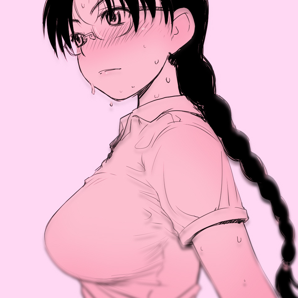 1girl blush braid breasts commentary_request glasses hoshina_tomoko large_breasts limited_palette sakaki_imasato simple_background solo sweat to_heart upper_body wet wet_clothes