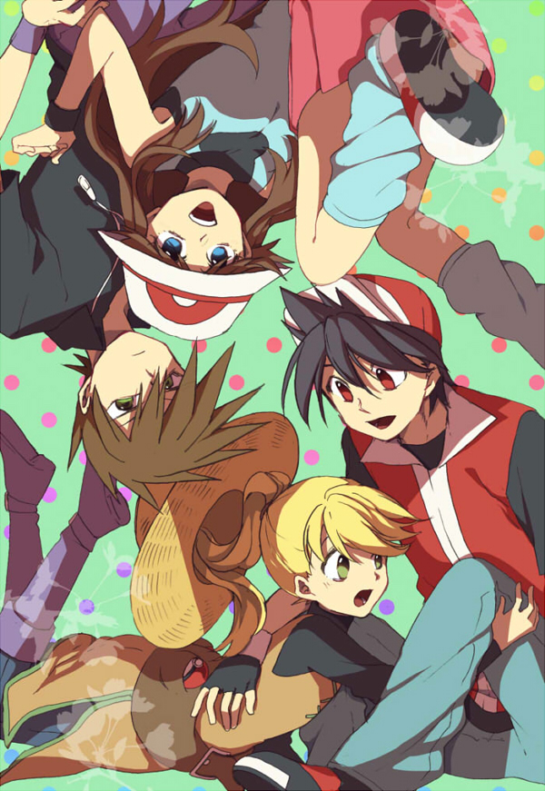2boys 2girls :d :o baseball_cap black_gloves blonde_hair blue_(pokemon) blue_eyes blue_pants blue_shirt boots brown_eyes brown_hair closed_mouth denim fingerless_gloves frown gloves green_background hat jeans leg_warmers looking_at_viewer multiple_boys multiple_girls ookido_green open_mouth pants poke_ball poke_ball_(generic) pokemon pokemon_special polka_dot polka_dot_background ponytail red_(pokemon) red_skirt serious shirt shoes skirt smile sneakers spiked_hair straw_hat white_headwear yellow_(pokemon) yui_ko