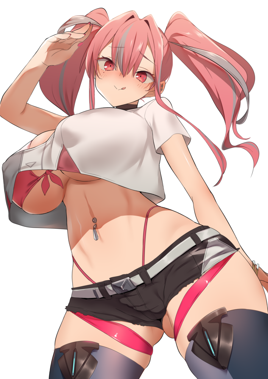 1girl :q arm_behind_back arm_up ass_visible_through_thighs azur_lane bangs belt bikini bikini_under_clothes black_shorts blue_legwear blush bracelet breasts bremerton_(azur_lane) cleavage collarbone commentary_request covered_nipples cowboy_shot crop_top crop_top_overhang cutoffs denim denim_shorts ear_piercing earrings eyebrows_visible_through_hair front-tie_bikini front-tie_top furau grey_belt grey_hair hair_between_eyes hair_intakes highres jewelry large_breasts licking_lips long_hair looking_at_viewer midriff mole mole_under_eye multicolored_hair nail_polish navel navel_piercing off-shoulder_shirt off_shoulder piercing pink_bikini pink_eyes pink_hair pink_nails puffy_nipples salute shadow shirt short_shorts short_sleeves shorts sidelocks simple_background skindentation smile solo standing streaked_hair swimsuit thigh_strap thighhighs tongue tongue_out twintails two-tone_hair two-tone_legwear two-tone_shirt underboob white_background