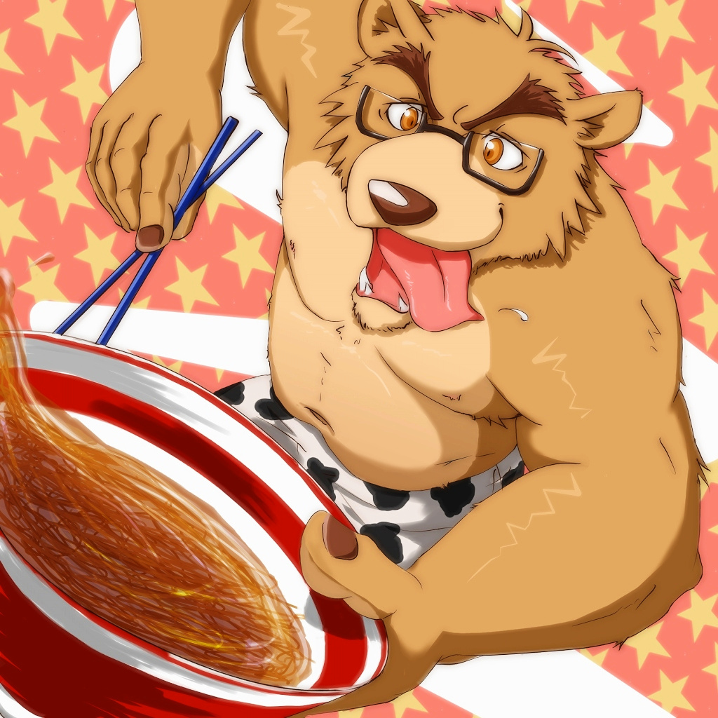 1:1 2009 anthro belly bottomwear brown_body brown_fur canid canine canis clothing domestic_dog eyewear food fur glasses humanoid_hands kemono male mammal moobs navel nipples poisonkinoko shorts slightly_chubby solo tongue tongue_out