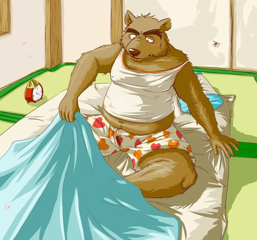 2009 anthro bed bedding blanket brown_body brown_fur bulge clothing fur furniture humanoid_hands kemono male mammal pillow poisonkinoko shirt sitting slightly_chubby solo topwear underwear ursid wet_dream