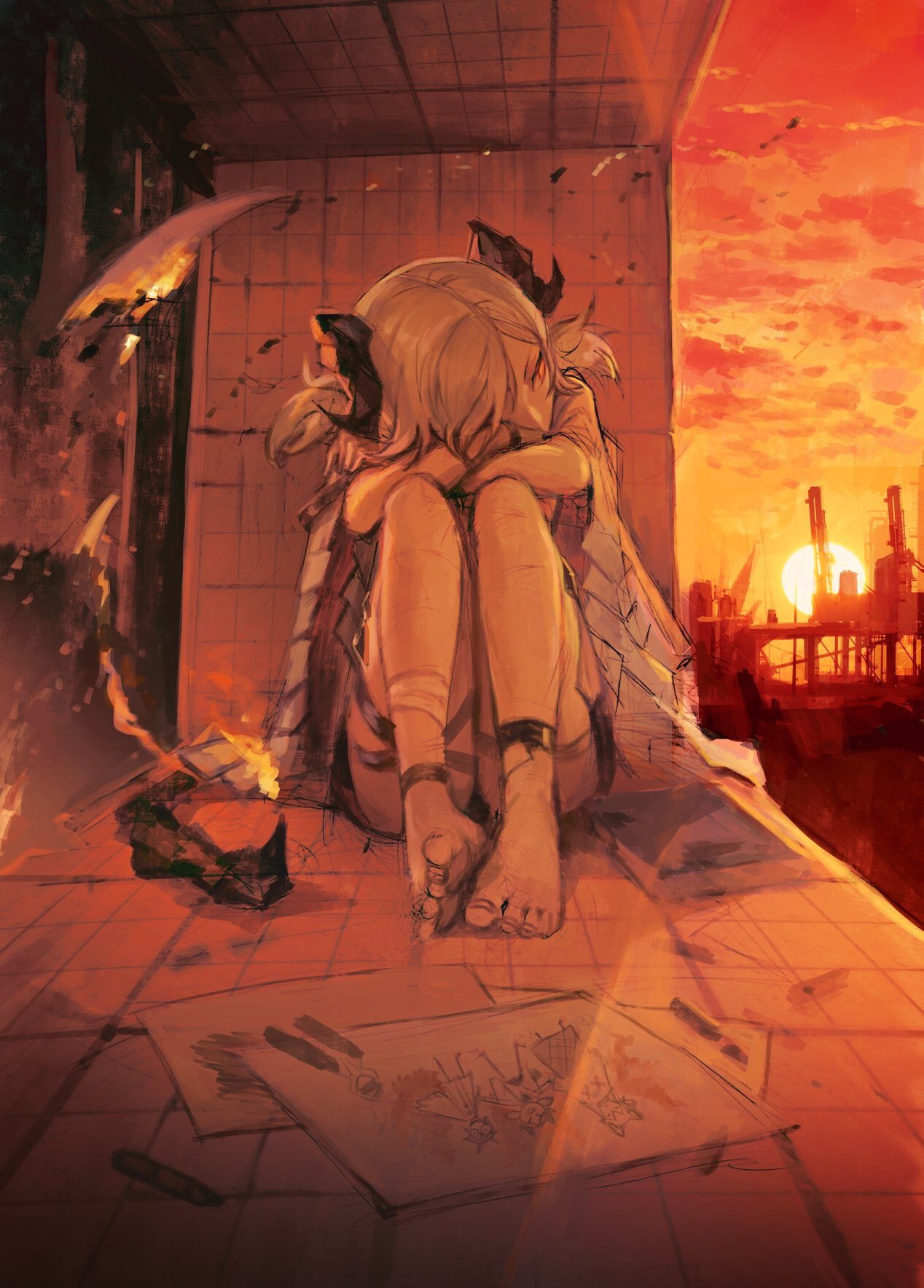 1girl ankle_wrap arknights arm_rest bandaged_leg bandages barefoot blonde_hair book coat crayon crossed_arms demon_horns drawing dusk english_commentary fire full_body highres horns ifrit_(arknights) knees_to_chest kupikuuu legs_together outdoors paper saria_(arknights) short_hair short_twintails silence_(arknights) sitting solo sun tail twintails white_coat