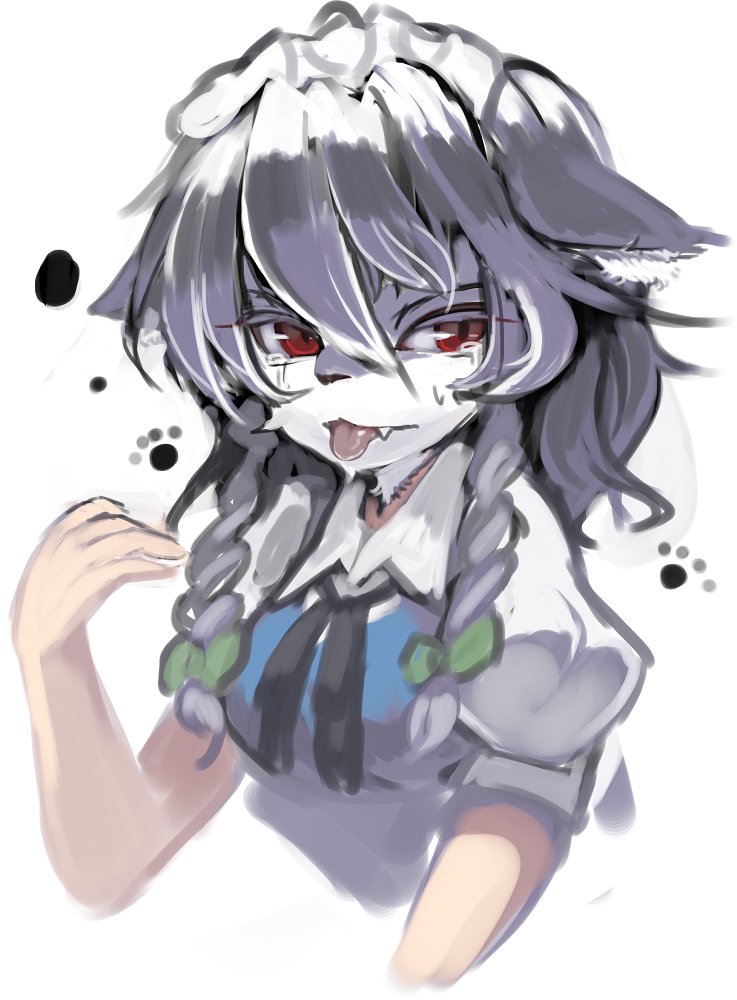 2015 alternate_species canid canine canis cute_fangs female fur grey_body grey_fur hair mammal red_eyes sakuya_izayoi silver_hair simple_background solo tongue tongue_out toribako touhou transformation video_games white_background wolf