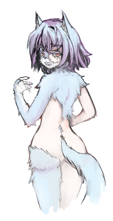 2011 5_fingers alternate_species anthro black_nose bodily_fluids butt canid crying fingers fur grey_body grey_fur hair looking_back mammal nude open_mouth rear_view sakuya_izayoi silver_hair tears toribako touhou transformation video_games