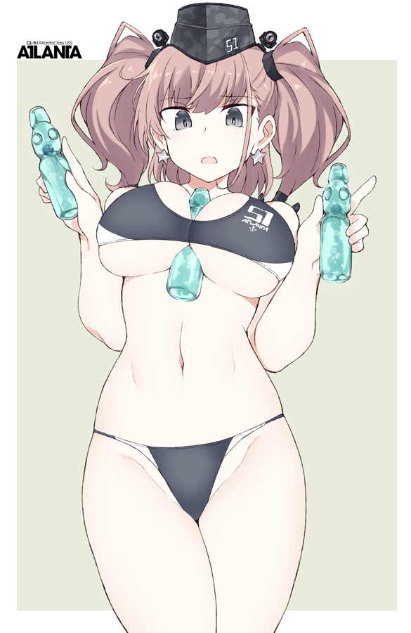 1girl atlanta_(kantai_collection) between_breasts bikini black_bikini black_headwear bottle breasts brown_hair character_name clothes_writing cowboy_shot earrings eyebrows_visible_through_hair garrison_cap grey_eyes groin hat holding holding_bottle jewelry kantai_collection large_breasts long_hair navel open_mouth ramune solo souji star star_earrings swimsuit two_side_up