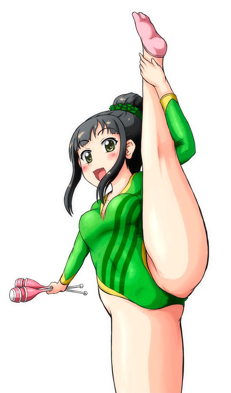 1girl black_hair breasts commentary_request cowboy_shot green_eyes green_leotard gymnast_leotard gymnastics hair_bun hamaguchi_ayame haruno_yomogi highres idolmaster idolmaster_cinderella_girls juggling_club leotard looking_at_viewer medium_breasts open_mouth pink_legwear rhythmic_gymnastics short_socks sidelocks simple_background smile solo split standing standing_on_one_leg standing_split white_background