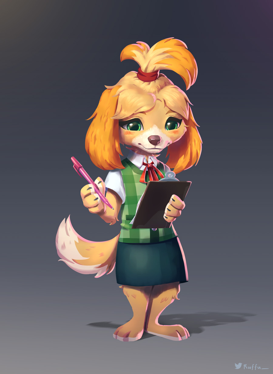 2020 animal_crossing anthro barefoot blush bottomwear canid canine canis clothed clothing domestic_dog fully_clothed fur green_eyes grey_background hi_res holding_object isabelle_(animal_crossing) light lighting mammal nintendo pen ruffu shih_tzu simple_background skirt solo standing toy_dog video_games yellow_body yellow_fur