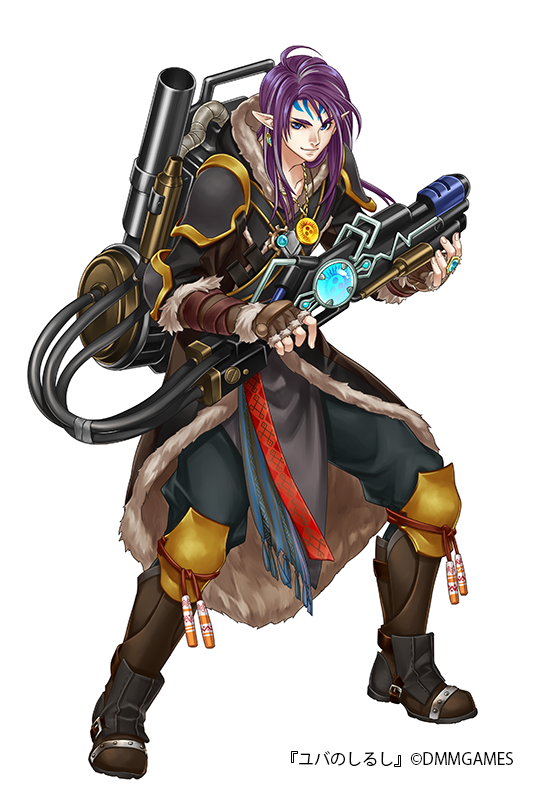 1boy boots brown_footwear fingerless_gloves flamethrower fur_trim gloves holding holding_weapon jewelry k2_(chandara) knee_pads long_hair male_focus necklace official_art pointy_ears purple_hair ring solo standing weapon yuba_no_shirushi