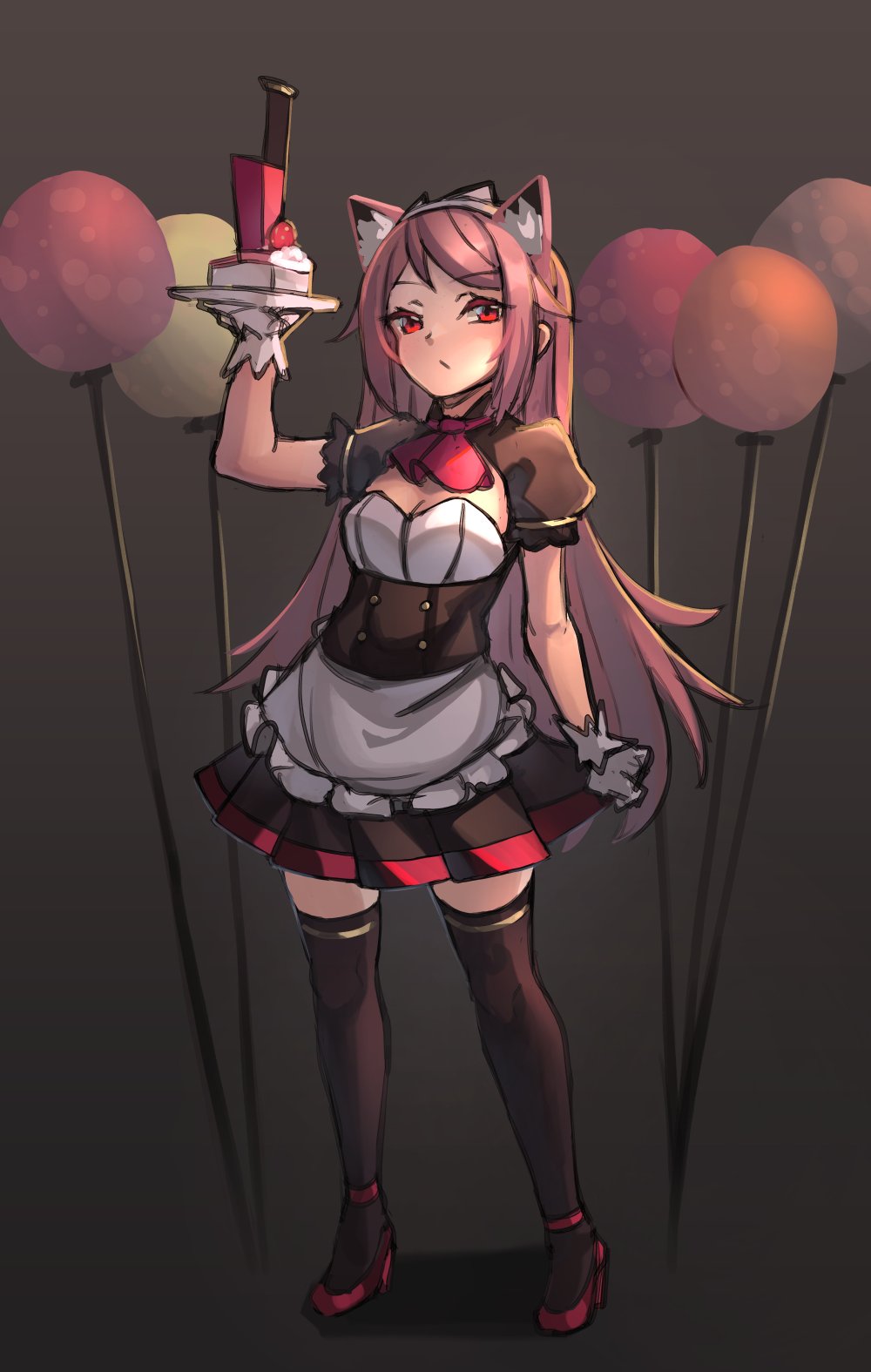 1girl animal_ear_fluff animal_ears apron arm_up ascot bangs black_dress black_legwear blush breasts brown_hair cake closed_mouth dress eyebrows_visible_through_hair food frilled_apron frills fruit full_body gloves grey_background high_heels highres holding holding_plate knife long_hair looking_at_viewer miya_(pixiv15283026) original plate pleated_dress puffy_short_sleeves puffy_sleeves red_eyes red_footwear red_neckwear shadow shoes short_sleeves slice_of_cake small_breasts solo standing strawberry thighhighs tiara very_long_hair waist_apron white_apron white_gloves