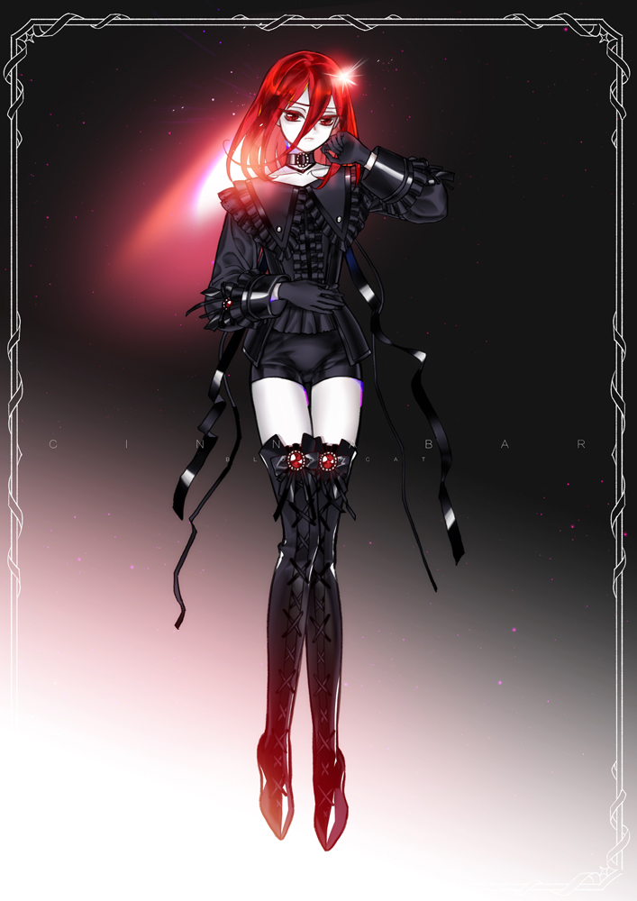 1other artist_name black_background black_footwear black_gloves black_ribbon black_shirt bloodcat_(babacatcat) boots border center_frills character_name choker cinnabar closed_mouth collarbone cross-laced_footwear formal frilled_shirt_collar frilled_sleeves frills frown full_body gem gloves gradient gradient_background hair_between_eyes hand_on_own_stomach hand_up houseki_no_kuni lace-up_boots long_sleeves looking_at_viewer medium_hair red_eyes red_hair ribbon shinsha_(houseki_no_kuni) shirt solo thigh_boots thigh_gap thighhighs