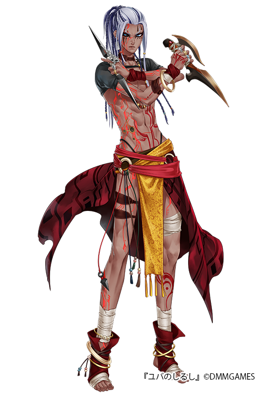1boy blue_eyes bracelet crossed_arms dagger dmm dual_wielding facial_tattoo full_body grey_hair holding holding_dagger holding_weapon jewelry k2_(chandara) long_hair looking_at_viewer male_focus navel official_art simple_background tattoo thigh_strap watermark weapon white_background yuba_no_shirushi