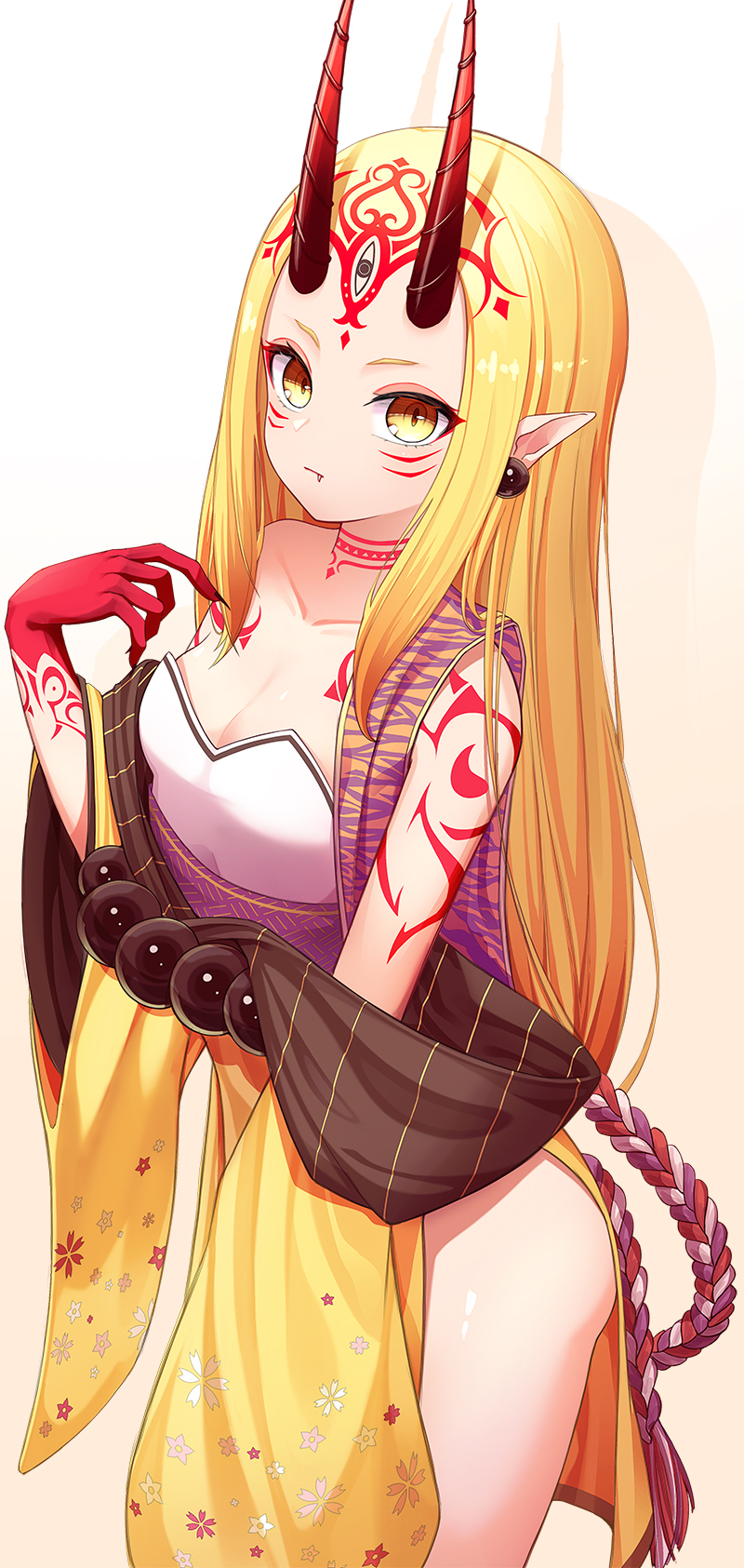 1girl bare_shoulders beads blonde_hair blush breasts closed_mouth collarbone earrings facial_mark fang fate/grand_order fate_(series) fingernails floral_print forehead forehead_mark gradient gradient_background hair_pulled_back highres horns ibaraki_douji_(fate/grand_order) japanese_clothes jewelry ju-ok kimono long_hair long_sleeves looking_at_viewer oni oni_horns pointy_ears sash sharp_fingernails short_eyebrows small_breasts solo tattoo thighs wide_sleeves yellow_eyes yellow_kimono