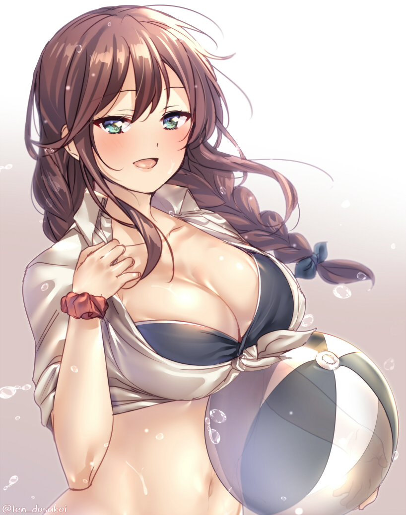 1girl ball bangs beachball bikini blue_eyes blush braid breasts brown_hair cleavage gradient gradient_background hair_ribbon juurouta kantai_collection large_breasts long_hair midriff navel noshiro_(kantai_collection) open_mouth ribbon scrunchie shirt simple_background solo swimsuit tied_shirt twin_braids twitter_username upper_body water white_shirt wrist_scrunchie