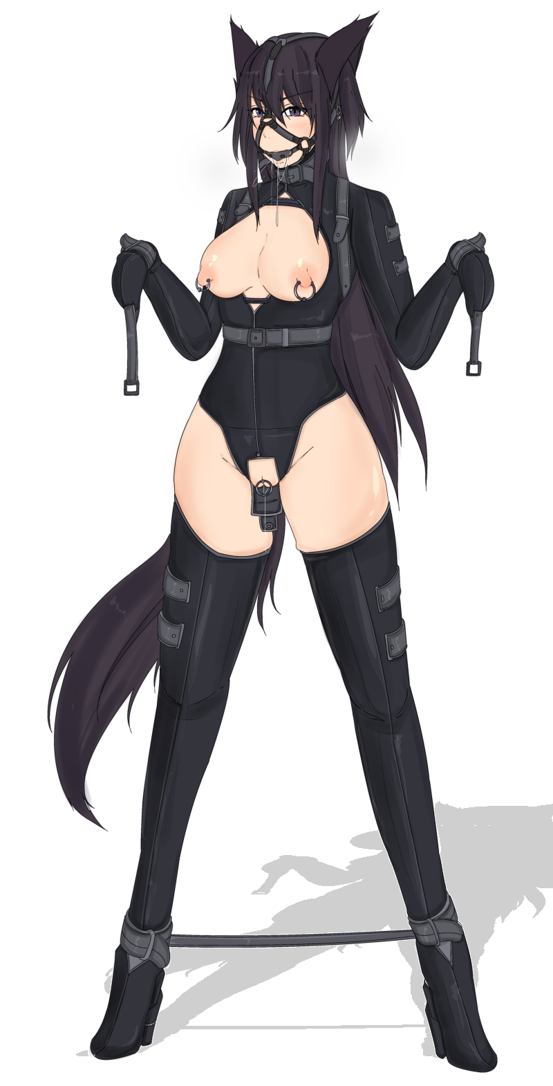 1girl animal_ears ball_gag bangs bdsm black_collar black_hair black_legwear blush bondage bondage_mittens bondage_outfit bound bound_ankles breastless_clothes breasts breasts_outside captive_bead_ring clitoris_piercing clitoris_ring collar commentary_request drooling eyebrows_visible_through_hair full_body gag gagged gatling_raid harness high_heels highres hobble leash legs_apart long_hair medium_breasts nipple_piercing nipple_rings nipples original piercing purple_eyes pussy revealing_clothes saliva saliva_trail shadow sidelocks simple_background solo standing straitjacket tail uncensored w_arms white_background