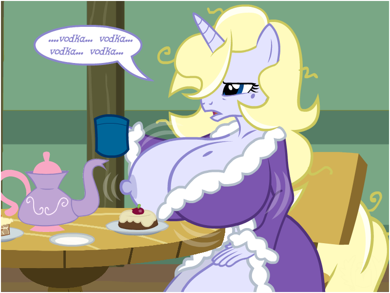 4:3 anthro big_breasts breasts cake chair cup dialogue equid female flashequestria food furniture horn huge_breasts mammal mature_female mole_(marking) my_little_pony nipples one_breast_out table teapot unicorn