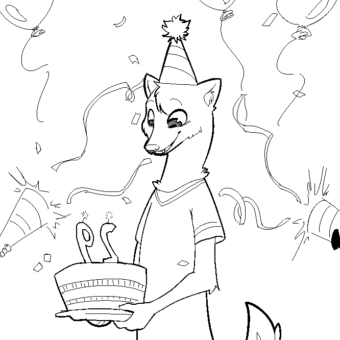 1:1 2020 anthro balloon birthday_cake black_and_white cake candle clothed clothing confetti food hat head_tuft headgear headwear herpestid inner_ear_fluff mammal mongoose monochrome neck_tuft party_hat replytoanons shirt simple_background smile solo t-shirt terry_(a-signature) topwear tuft white_background