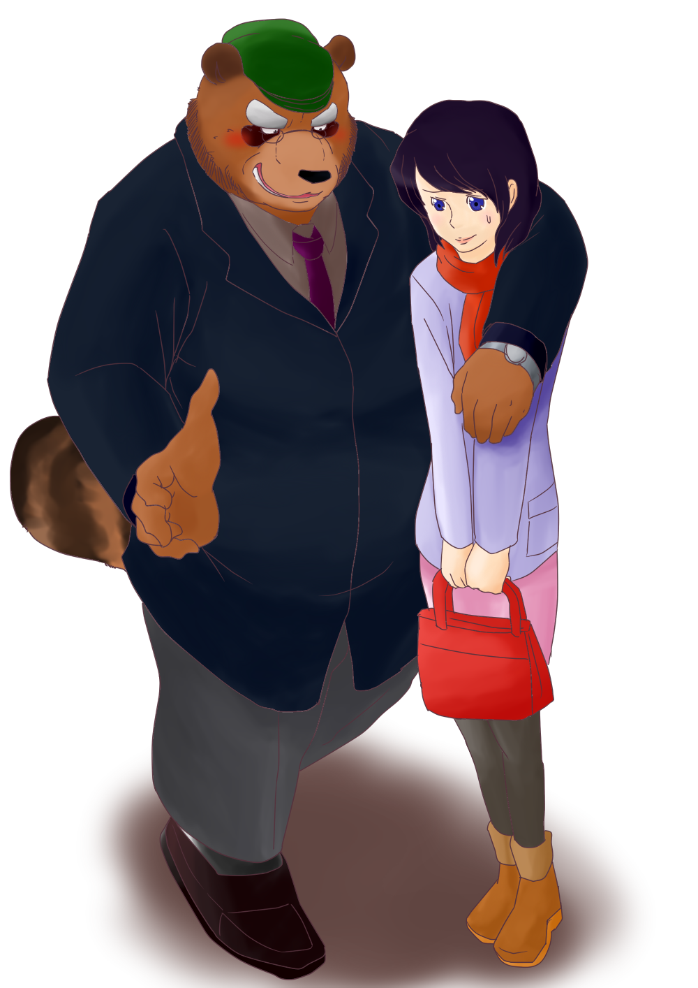 2012 anthro bottomwear brown_body brown_fur canid canine clothing duo female fur hi_res hug human kemono kuma_(pixiv_881259) male mammal overweight overweight_male pants raccoon_dog scarf shirt simple_background tanuki topwear white_background